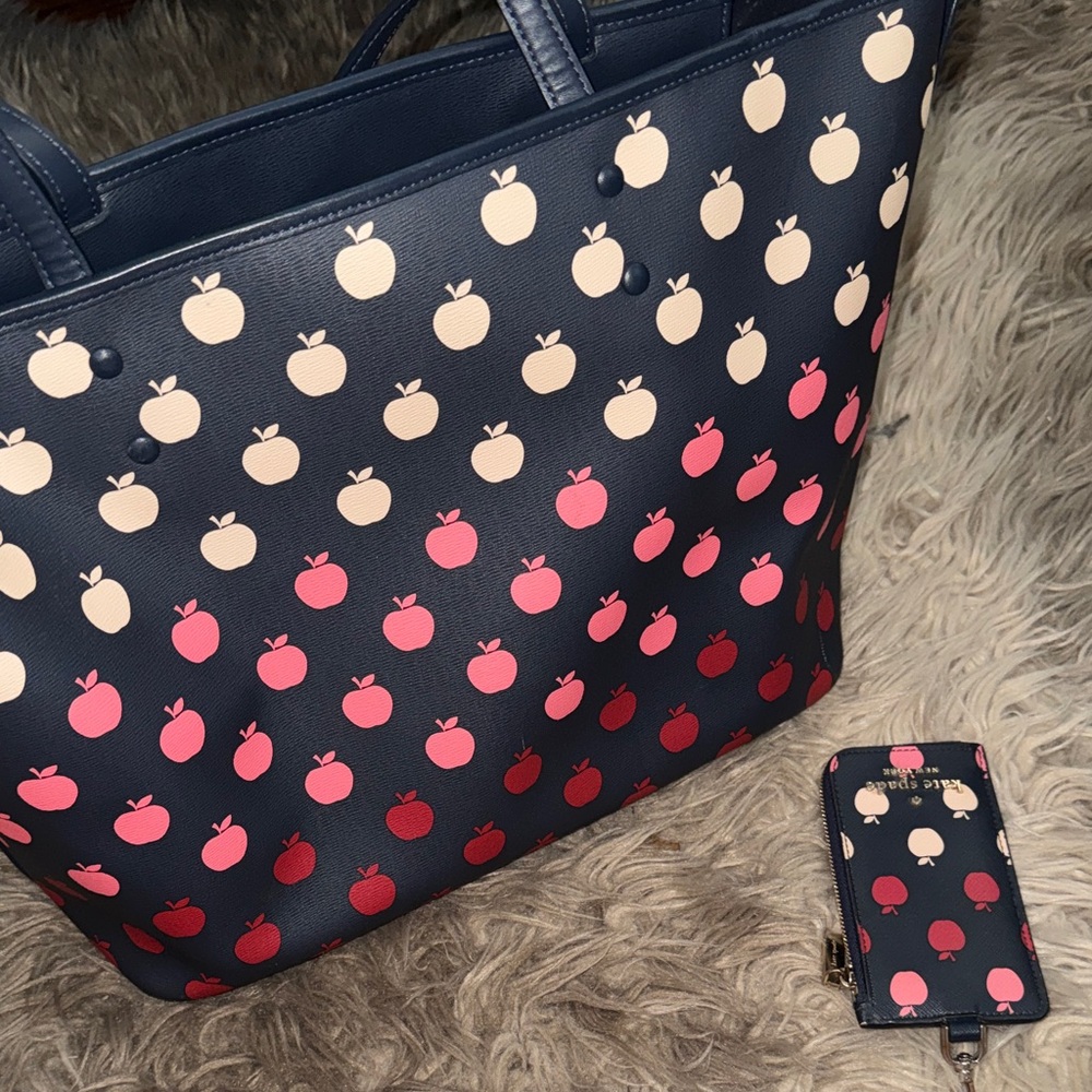 Kate Spade Navy Tote and Wallet with Red and Pink Apple Design - Picture 6 of 13